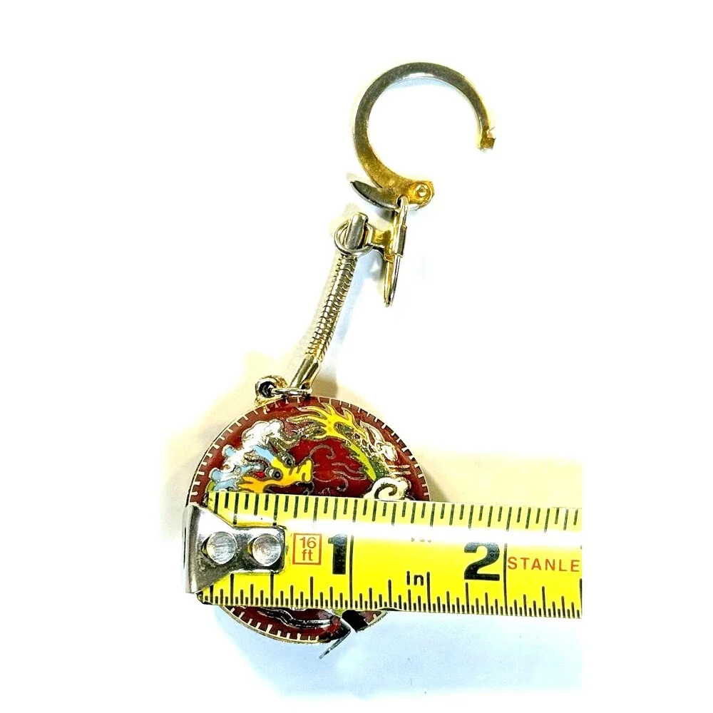 Vintage Chinese Cloisonné Retractable Tape Measure Enamel Dragon Keychain